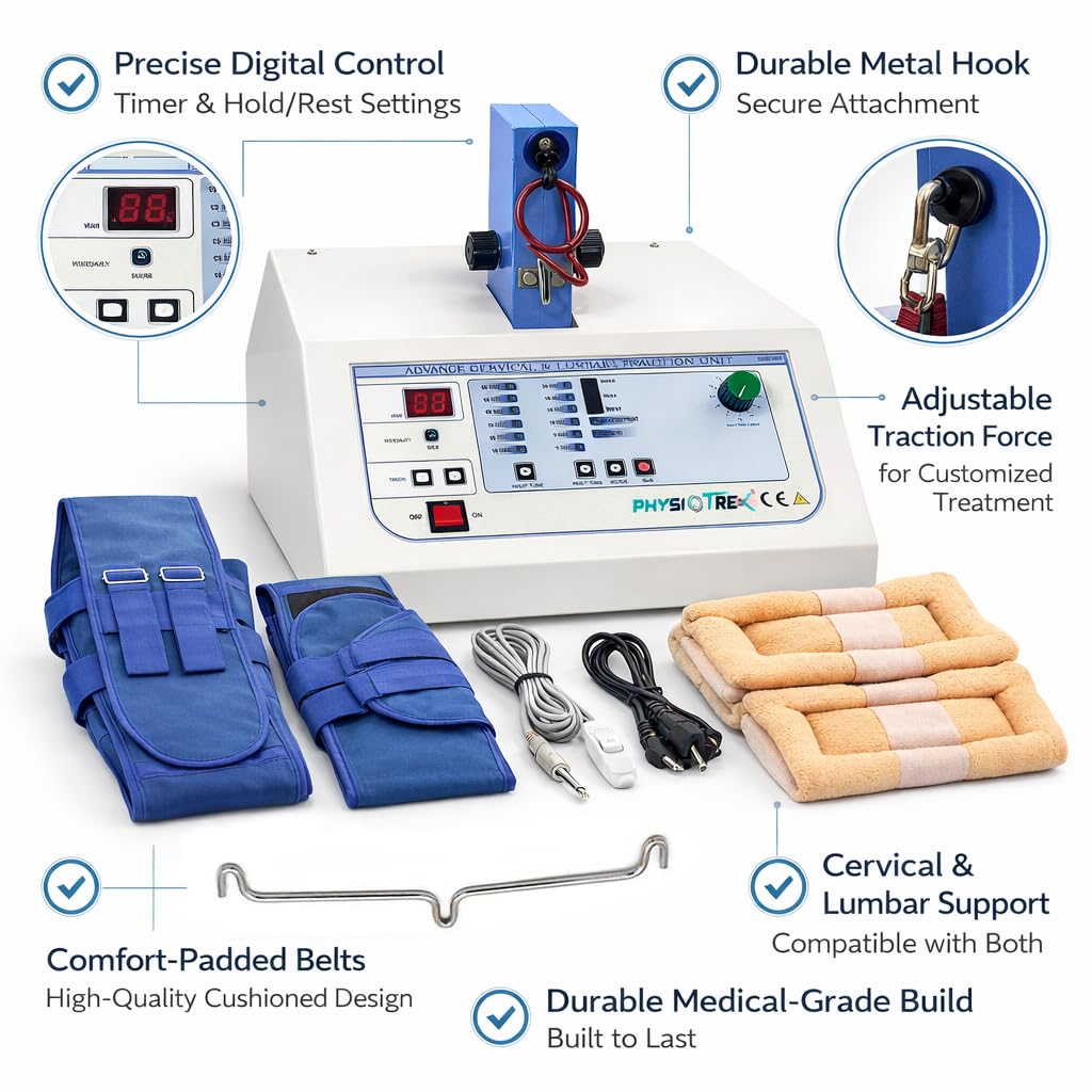 PHYSIOTREX® Digital Traction Unit for Cervical & Lumbar Therapy – Advanced Solid-State Traction Machine | Adjustable Hold & Rest Times | Static & Intermittent Modes | Traction Force Up to 45kg | Built-In Patient Safety Features