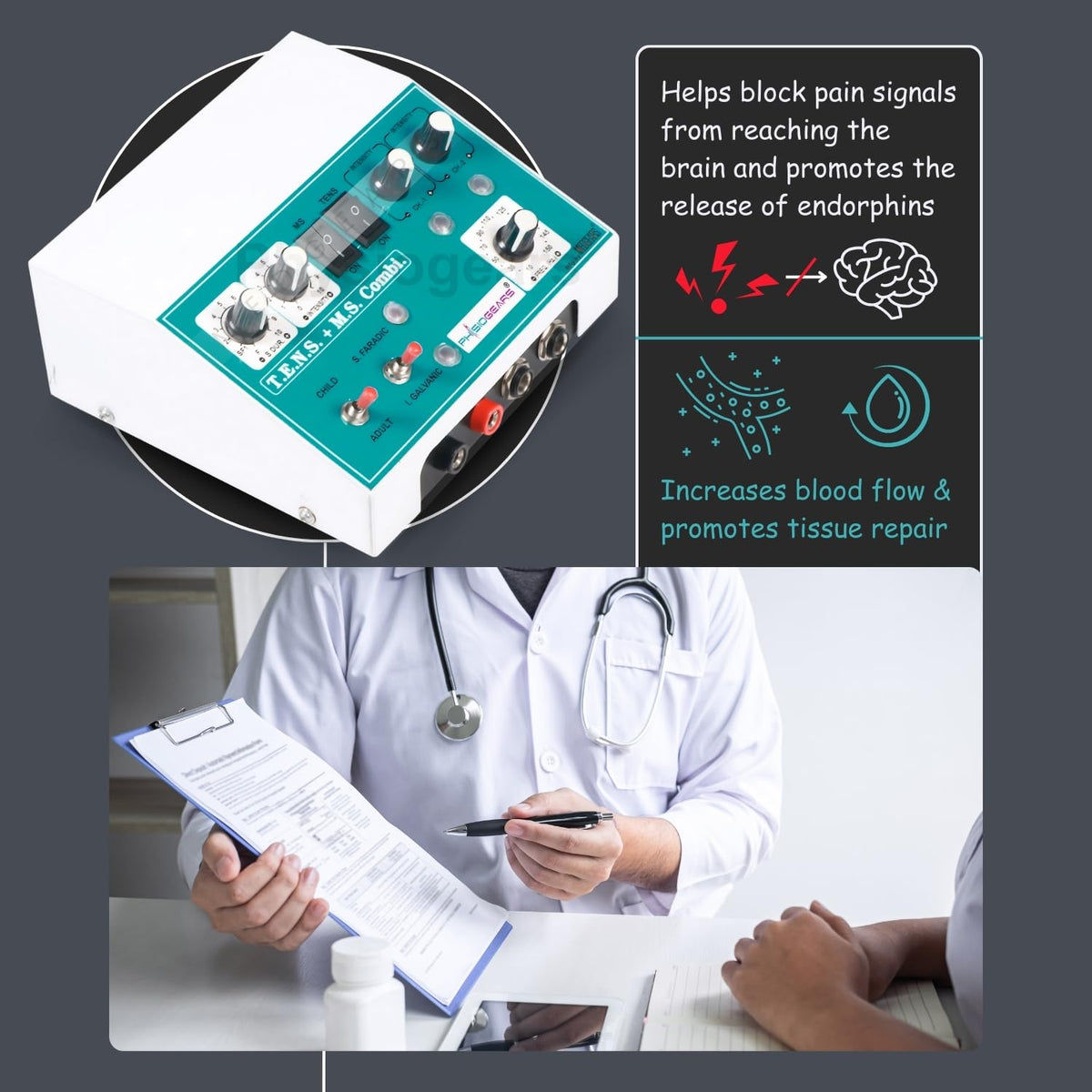 Physiogears Muscle Stimulator Tens+MS Deluxe Machine for Physiotherapy Tens Machine portable electrotherapy combo pain Relief Device one Year Warranty