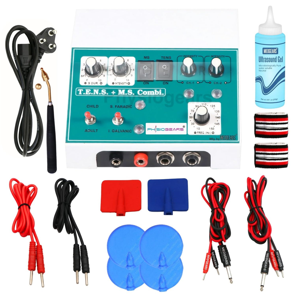 Physiogears Muscle Stimulator Tens+MS Deluxe Machine for Physiotherapy Tens Machine portable electrotherapy combo pain Relief Device one Year Warranty