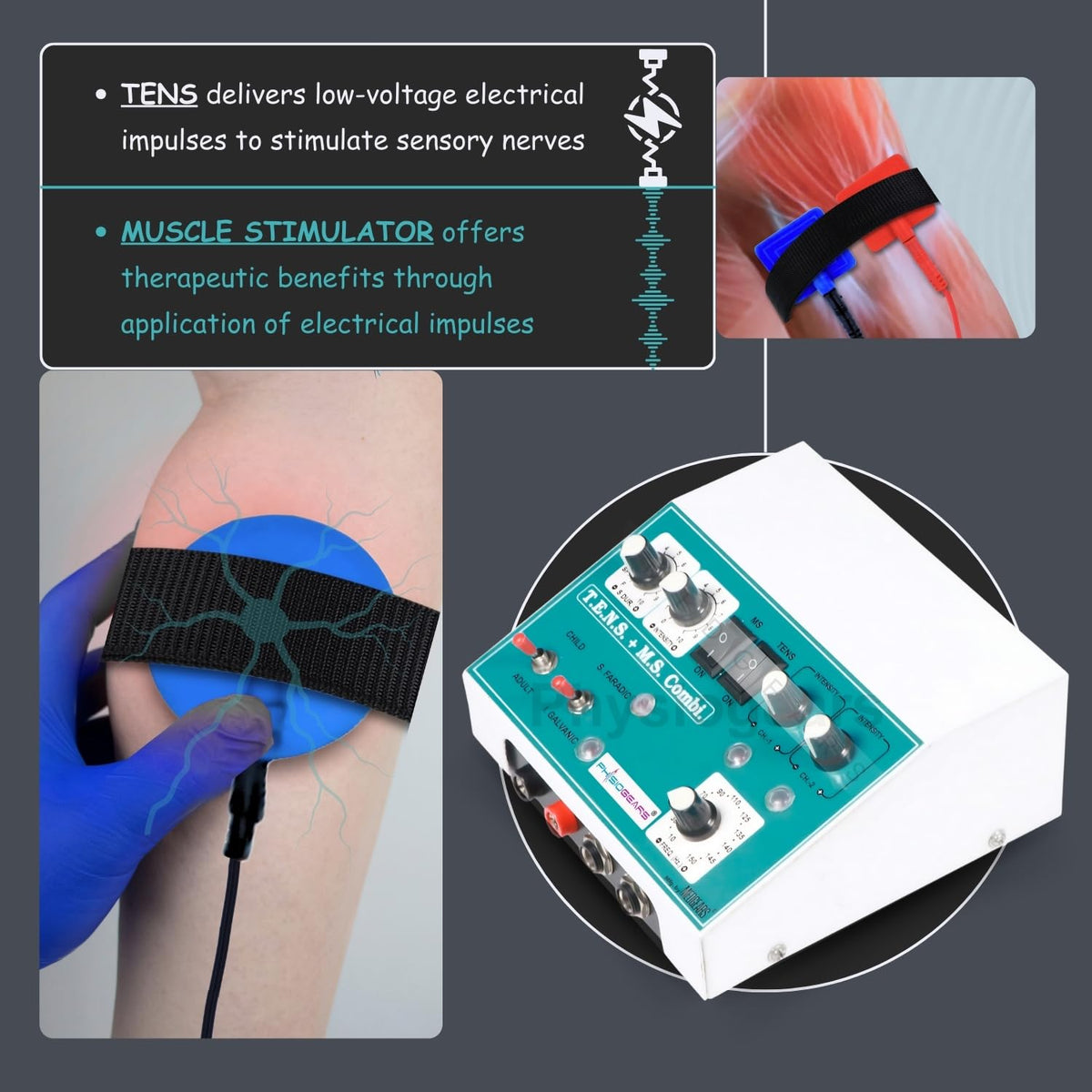 Physiogears Muscle Stimulator Tens+MS Deluxe Machine for Physiotherapy Tens Machine portable electrotherapy combo pain Relief Device one Year Warranty