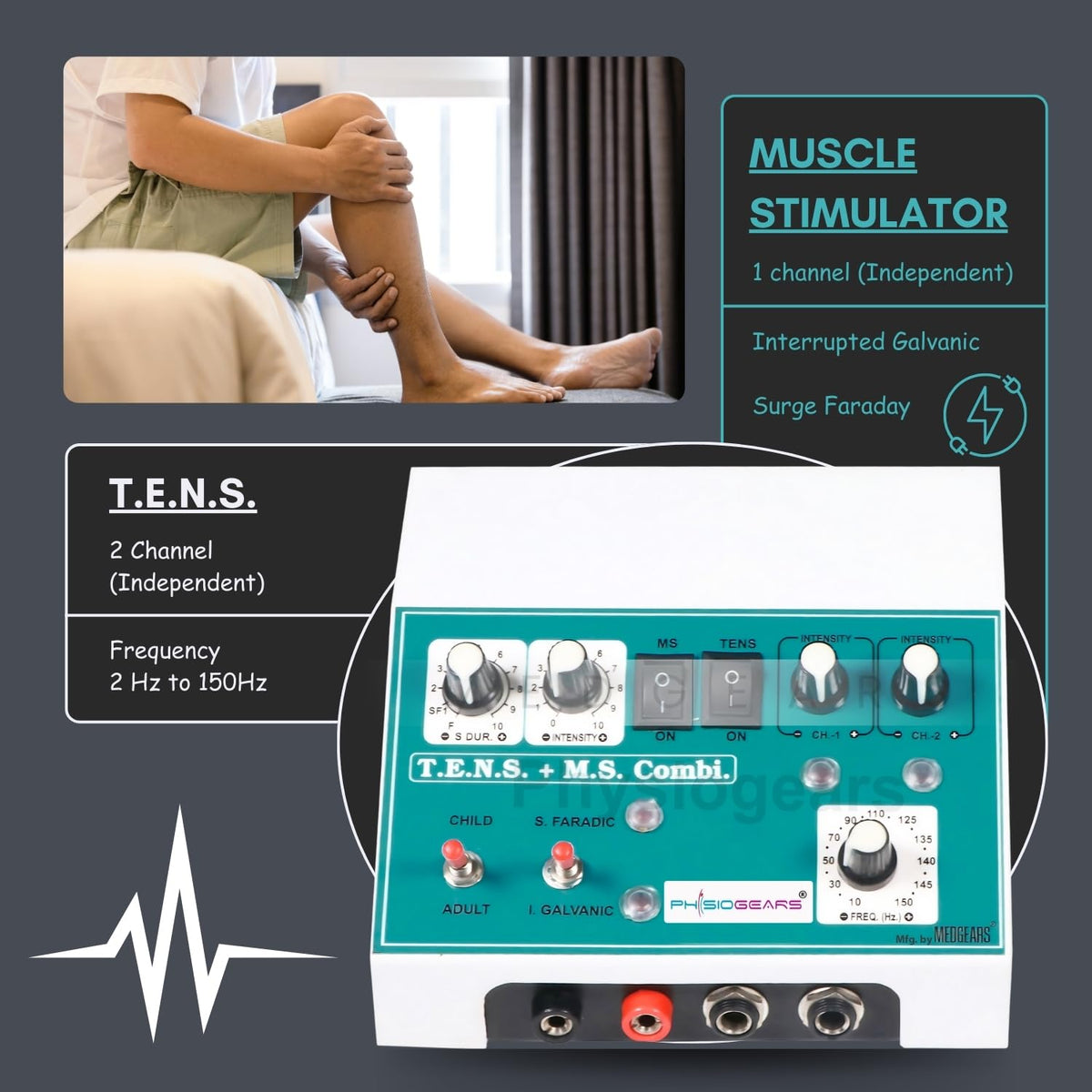 Physiogears Muscle Stimulator Tens+MS Deluxe Machine for Physiotherapy Tens Machine portable electrotherapy combo pain Relief Device one Year Warranty