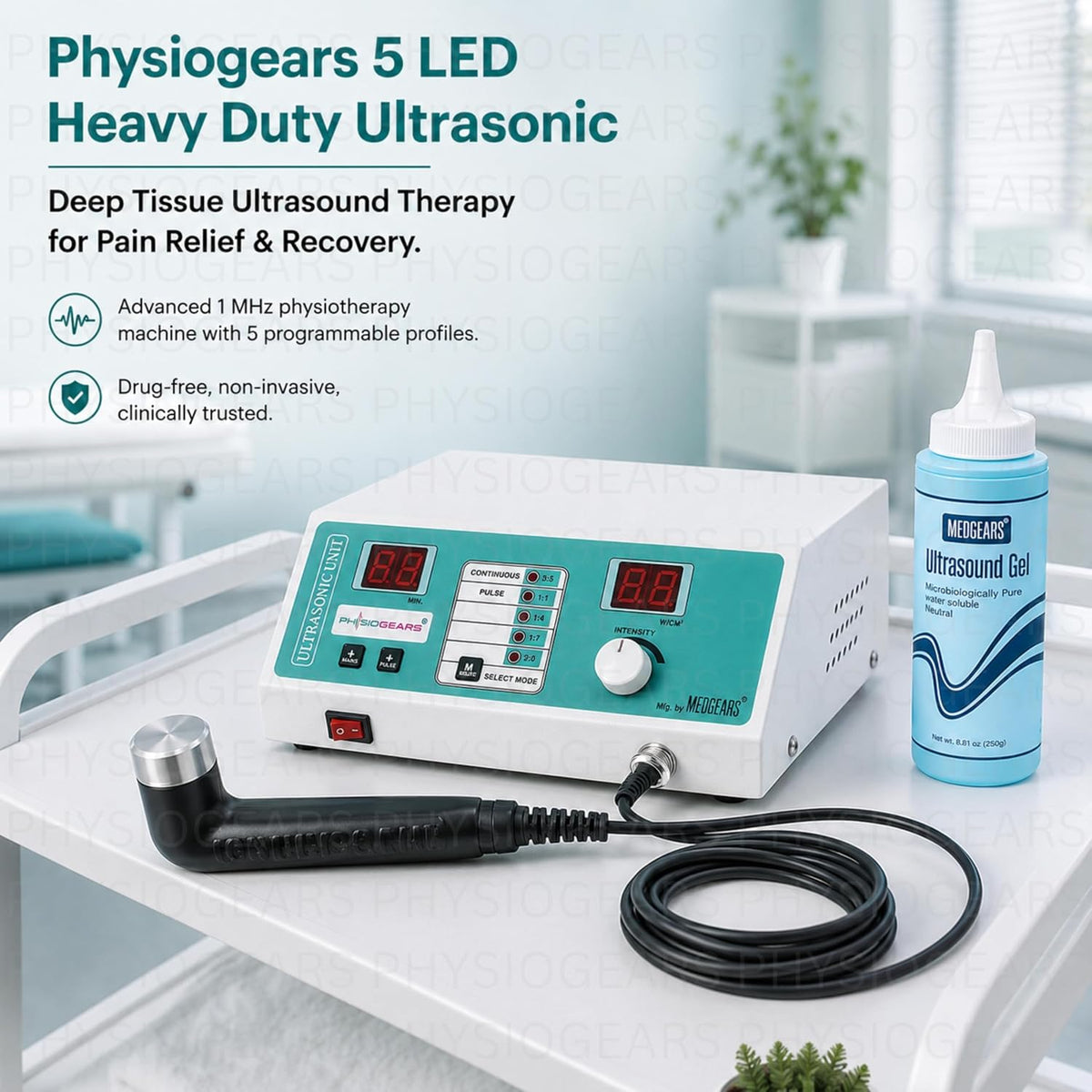Physiogears Digital Unit Ultrasound Whole_Body Physiotherapy Machine For Pain Relief, Corded Electric Body Massager, Simple White